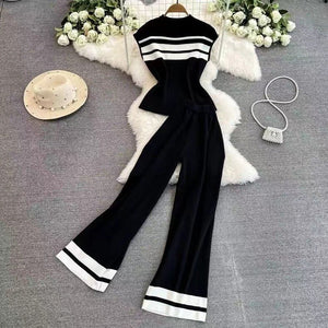 Korean version sleeveless slim - fitting knitted top two - piece set casual high - waisted slim straight wide - leg pants - Negative Apparel