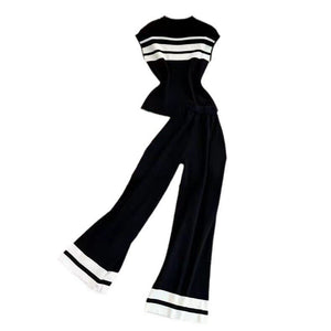 Korean version sleeveless slim - fitting knitted top two - piece set casual high - waisted slim straight wide - leg pants - Negative Apparel
