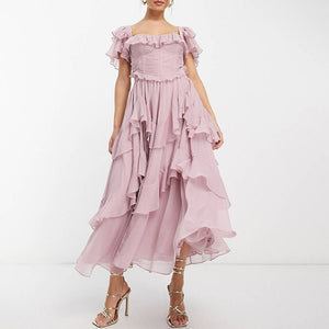 Lace halter hollow cake skirt ruffle edge pleated dress - Negative Apparel