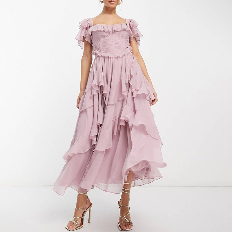 Lace halter hollow cake skirt ruffle edge pleated dress - Negative Apparel