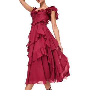 Lace halter hollow cake skirt ruffle edge pleated dress - Negative Apparel