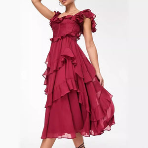Lace halter hollow cake skirt ruffle edge pleated dress - Negative Apparel