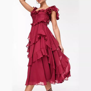 Lace halter hollow cake skirt ruffle edge pleated dress - Negative Apparel
