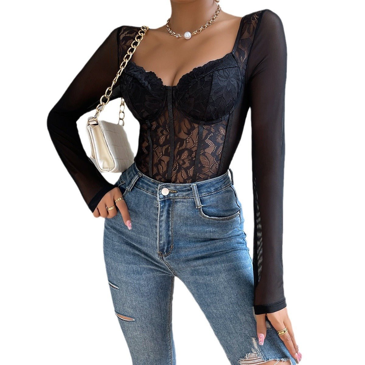 Lace low - cut versatile fashion street style bodysuit - Negative Apparel