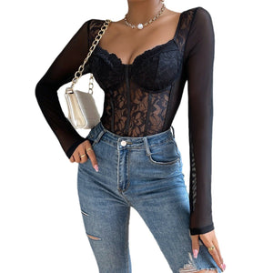 Lace low - cut versatile fashion street style bodysuit - Negative Apparel