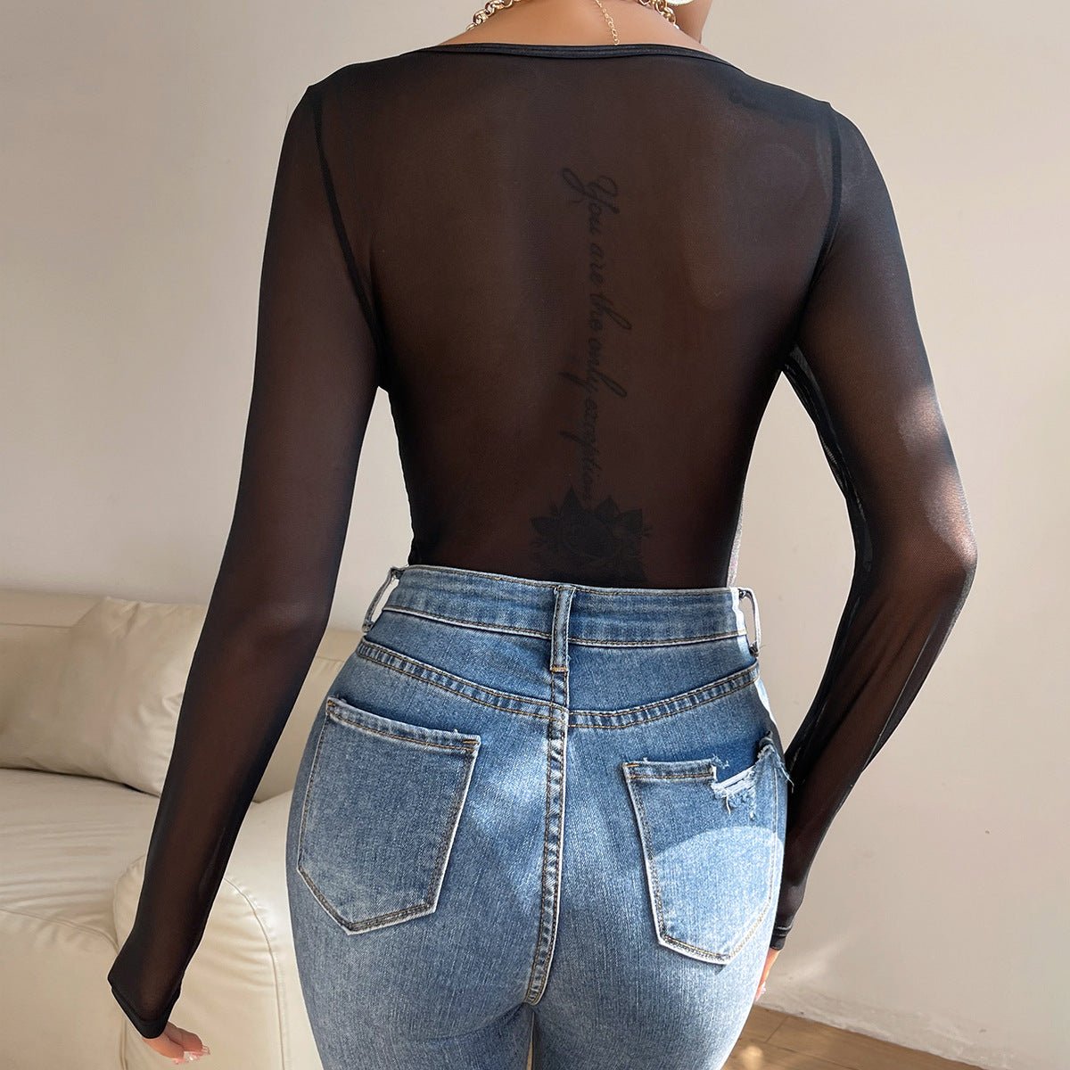 Lace low - cut versatile fashion street style bodysuit - Negative Apparel