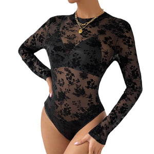 Lace mesh flocking printing perspective sxy slim temperament long - sleeved bodysuit - Negative Apparel