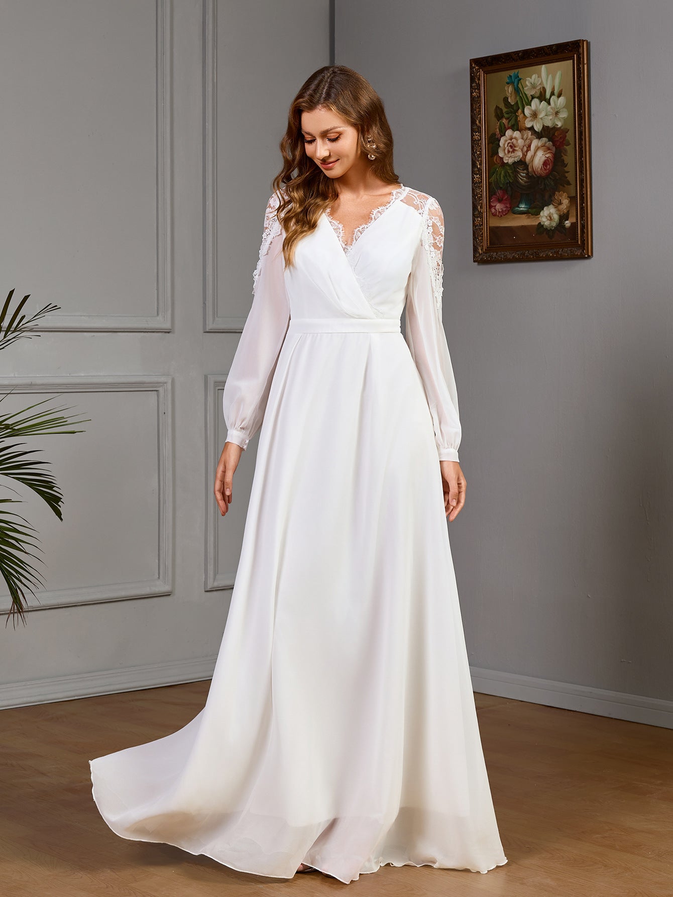 Lace stitching long waist noble evening dress chiffon wedding dress - Negative Apparel