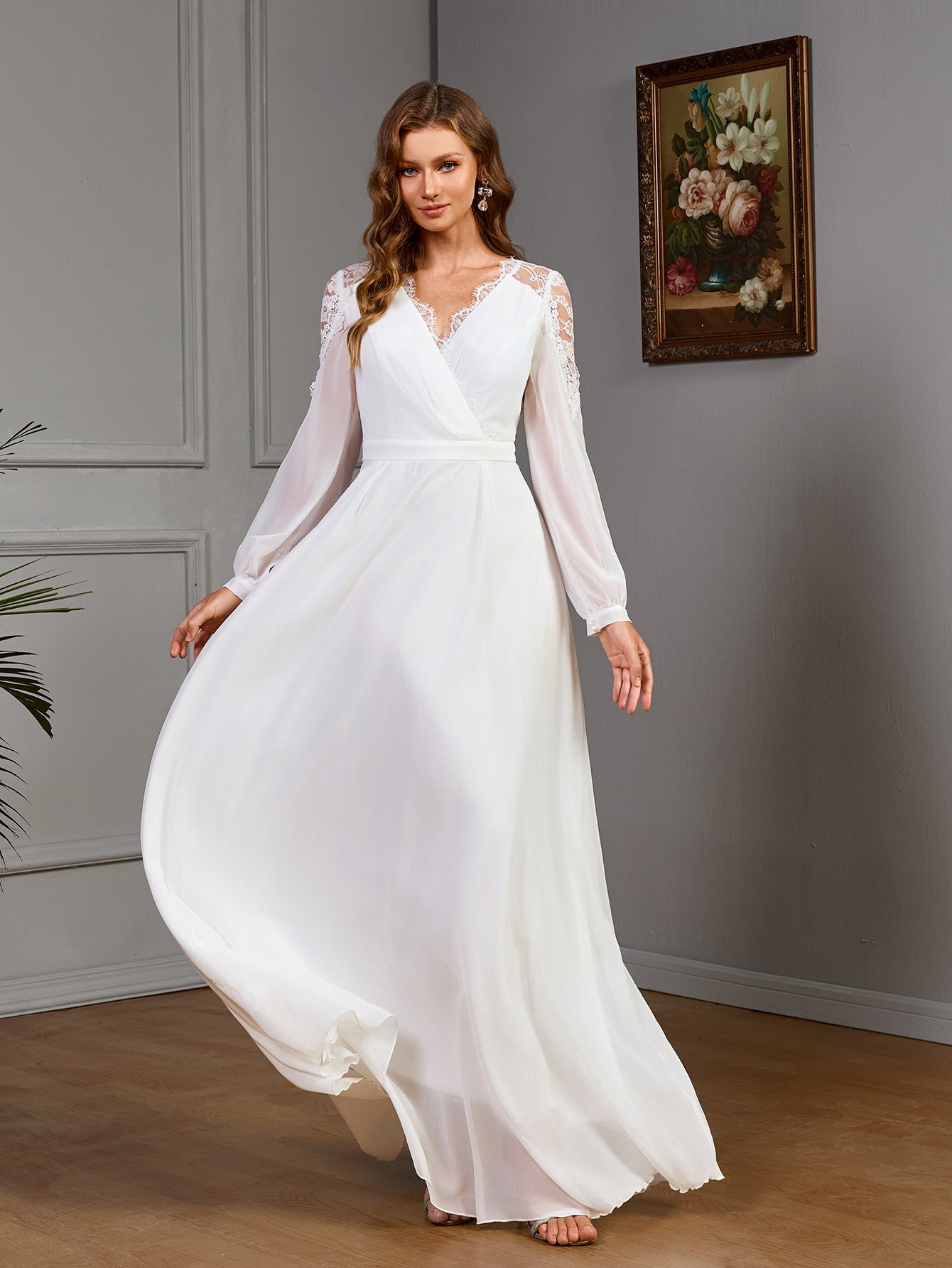 Lace stitching long waist noble evening dress chiffon wedding dress - Negative Apparel