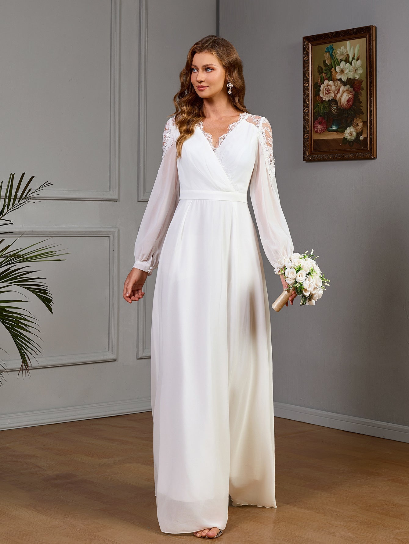 Lace stitching long waist noble evening dress chiffon wedding dress - Negative Apparel