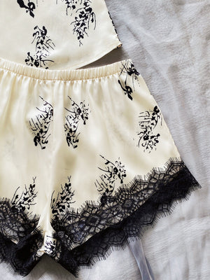 Lace Trim Plants Print Satin Night Set - Negative Apparel