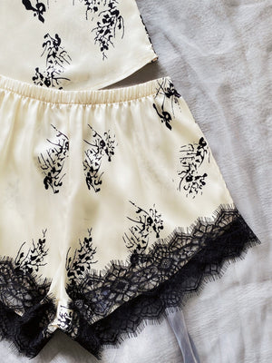 Lace Trim Plants Print Satin Night Set - Negative Apparel