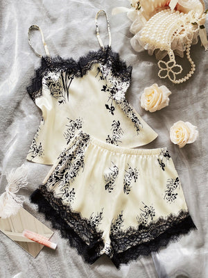 Lace Trim Plants Print Satin Night Set - Negative Apparel