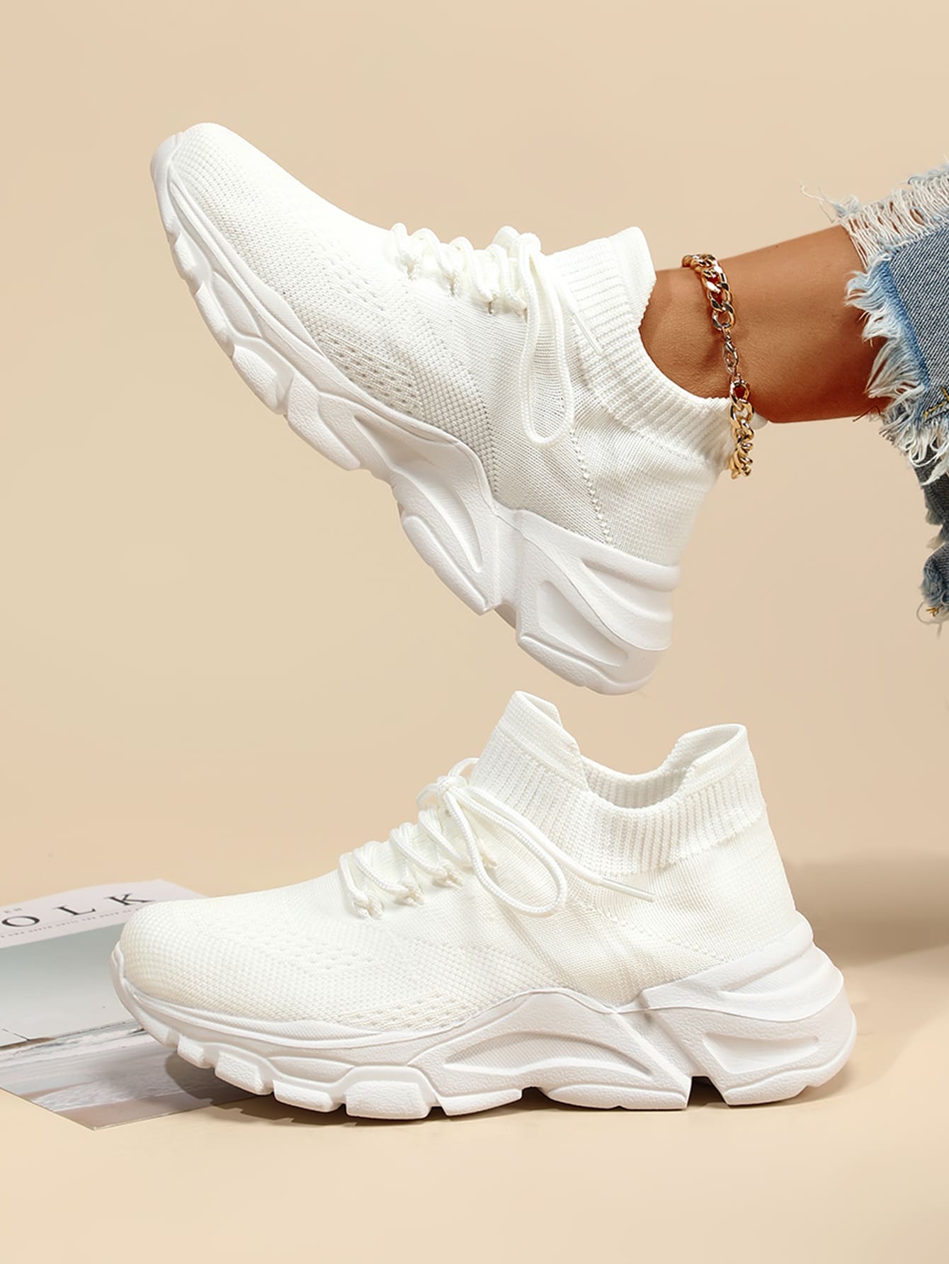 Lace-up Front High Top Chunky Sneakers, White Color Running Shoes With Solid Color Shoelaces For Women - Negative Apparel