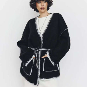 Lace - up knitted cardigan contrasting color sweater - Negative Apparel