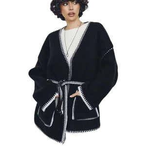 Lace - up knitted cardigan contrasting color sweater - Negative Apparel