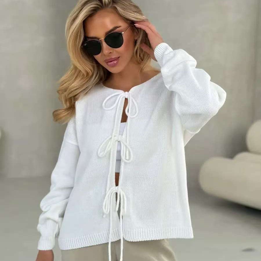 Lace - Up Short Cardigan Sweater – Solid Color, Temperament Commuter Style - Negative Apparel