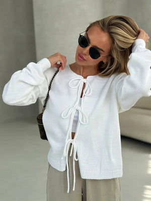 Lace - Up Short Cardigan Sweater – Solid Color, Temperament Commuter Style - Negative Apparel