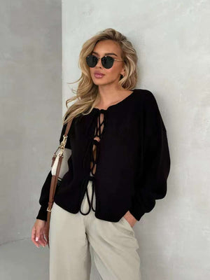 Lace - Up Short Cardigan Sweater – Solid Color, Temperament Commuter Style - Negative Apparel