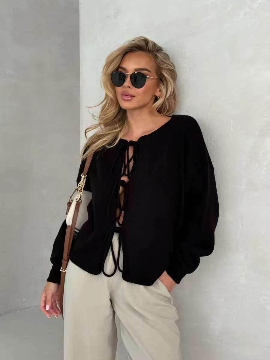 Lace - Up Short Cardigan Sweater – Solid Color, Temperament Commuter Style - Negative Apparel