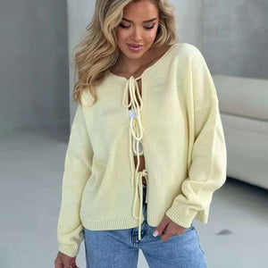Lace - Up Short Cardigan Sweater – Solid Color, Temperament Commuter Style - Negative Apparel