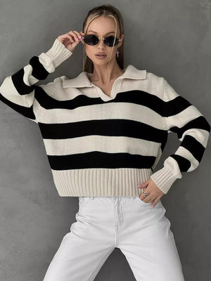 Ladies Casual Pullover Knit Sweater – Apricot Striped POLO Collar, Commuter Style - Negative Apparel