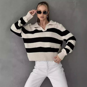 Ladies Casual Pullover Knit Sweater – Apricot Striped POLO Collar, Commuter Style - Negative Apparel