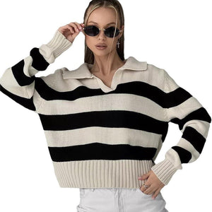 Ladies Casual Pullover Knit Sweater – Apricot Striped POLO Collar, Commuter Style - Negative Apparel