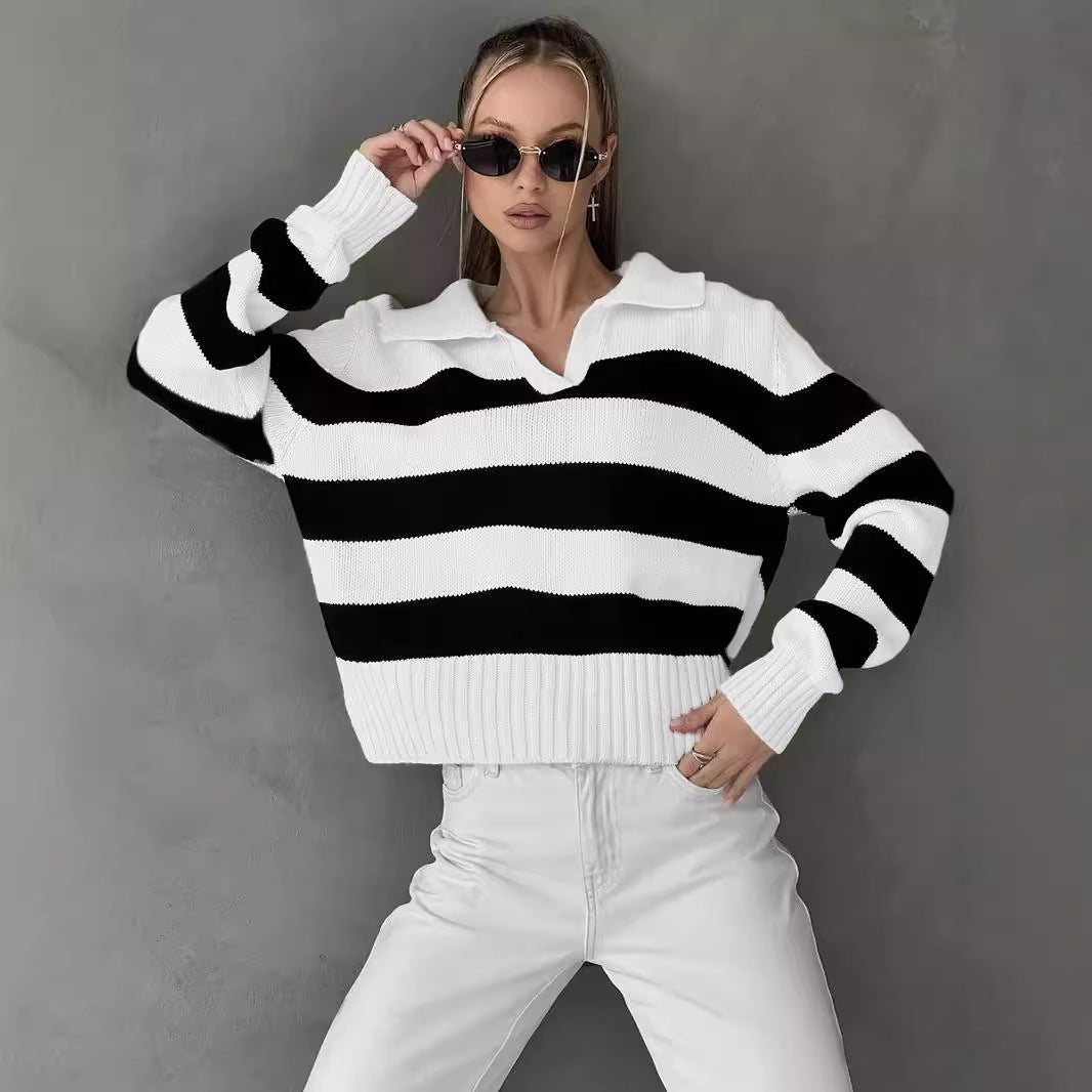 Ladies Casual Pullover Knit Sweater – Apricot Striped POLO Collar, Commuter Style - Negative Apparel