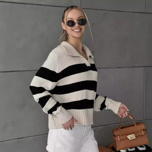 Ladies Casual Pullover Knit Sweater – Apricot Striped POLO Collar, Commuter Style - Negative Apparel