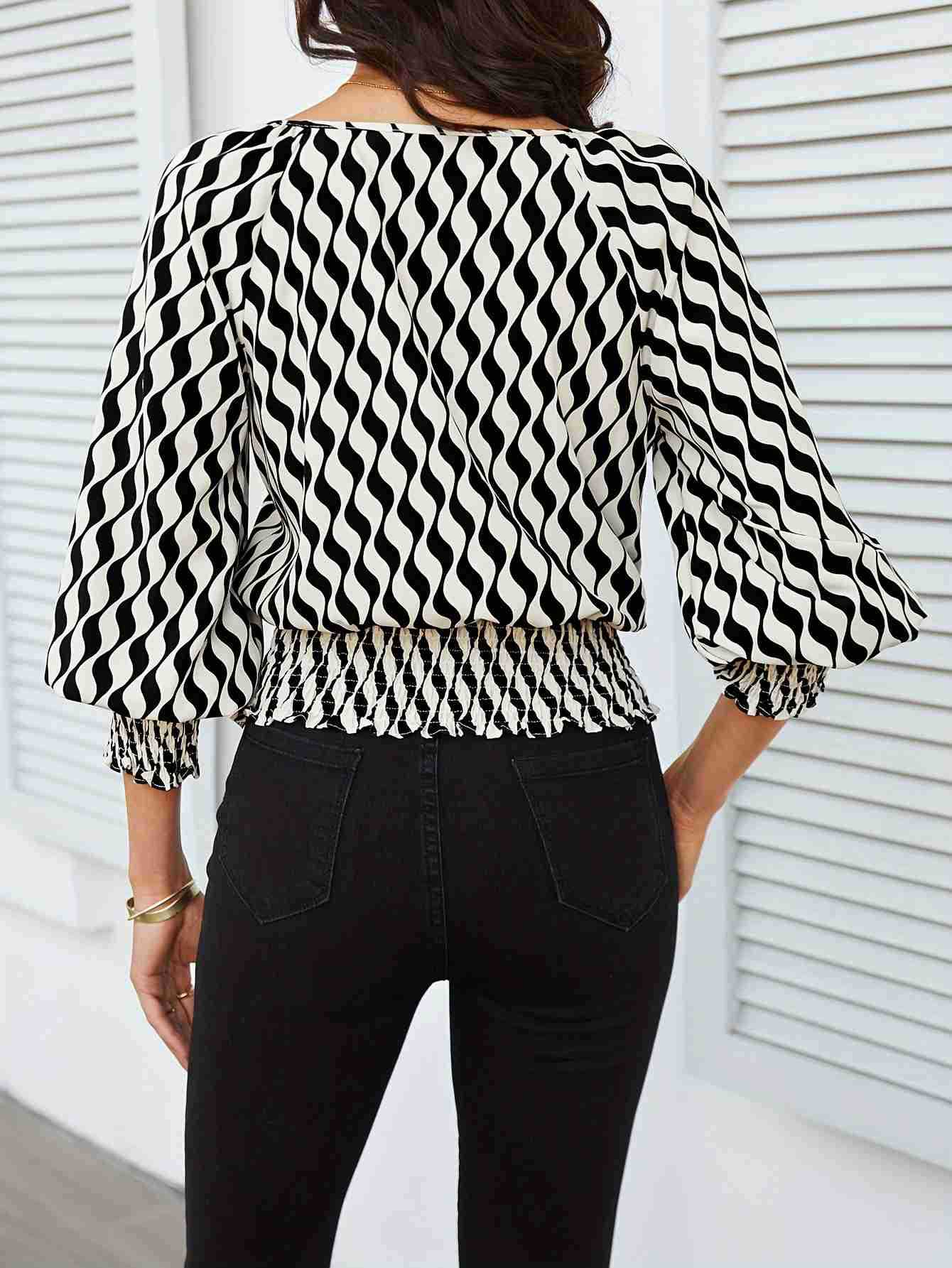 Lantern sleeve tops women's waist short contrast color printing long - sleeved T-shirt - Negative Apparel