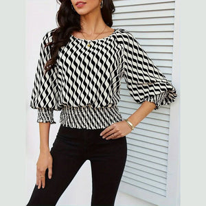 Lantern sleeve tops women's waist short contrast color printing long - sleeved T-shirt - Negative Apparel