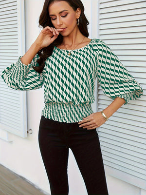 Lantern sleeve tops women's waist short contrast color printing long - sleeved T-shirt - Negative Apparel