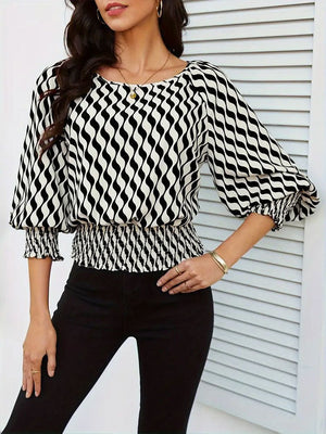 Lantern sleeve tops women's waist short contrast color printing long - sleeved T-shirt - Negative Apparel