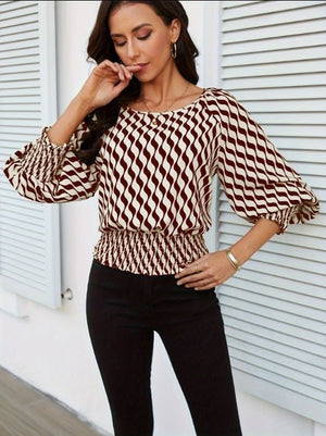 Lantern sleeve tops women's waist short contrast color printing long - sleeved T-shirt - Negative Apparel