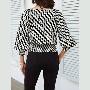 Lantern sleeve tops women's waist short contrast color printing long - sleeved T-shirt - Negative Apparel