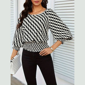 Lantern sleeve tops women's waist short contrast color printing long - sleeved T-shirt - Negative Apparel