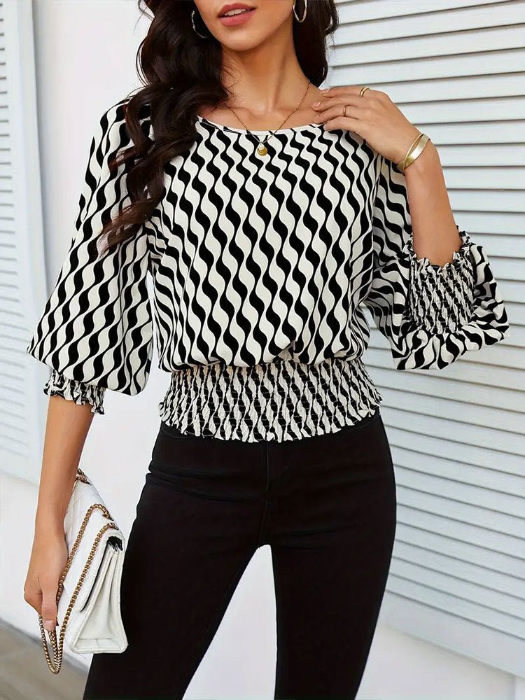 Lantern sleeve tops women's waist short contrast color printing long - sleeved T-shirt - Negative Apparel