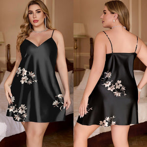 large size ice silk pajamas women's summer black background white flower V - neck fat MM thin suspender skirt loungewear SQ22341 - Negative Apparel