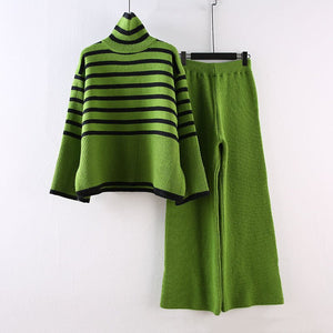 Large size loose all - match high collar knitted sweater for women + high waist drape straight casual knitted wide leg pants two - piece set - Negative Apparel