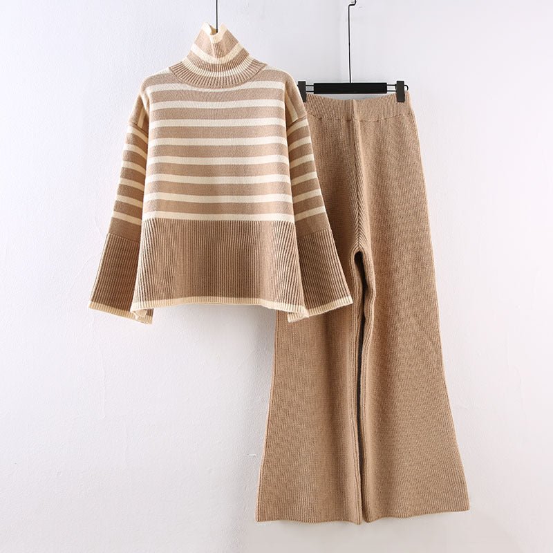 Large size loose all - match high collar knitted sweater for women + high waist drape straight casual knitted wide leg pants two - piece set - Negative Apparel