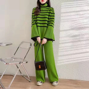 Large size loose all - match high collar knitted sweater for women + high waist drape straight casual knitted wide leg pants two - piece set - Negative Apparel