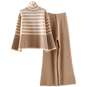 Large size loose all - match high collar knitted sweater for women + high waist drape straight casual knitted wide leg pants two - piece set - Negative Apparel