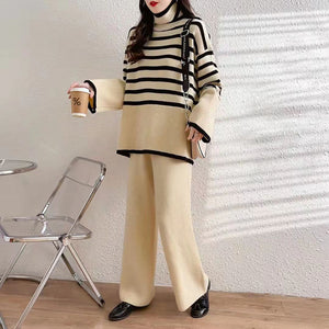 Large size loose all - match high collar knitted sweater for women + high waist drape straight casual knitted wide leg pants two - piece set - Negative Apparel