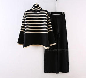 Large size loose all - match high collar knitted sweater for women + high waist drape straight casual knitted wide leg pants two - piece set - Negative Apparel