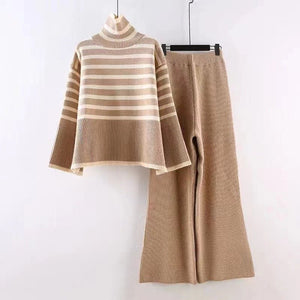 Large size loose versatile turtleneck knitted sweater for women + high waist drape straight casual knitted wide - leg pants two - piece set - Negative Apparel