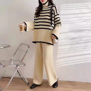 Large size loose versatile turtleneck knitted sweater for women + high waist drape straight casual knitted wide - leg pants two - piece set - Negative Apparel
