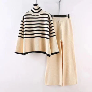 Large size loose versatile turtleneck knitted sweater for women + high waist drape straight casual knitted wide - leg pants two - piece set - Negative Apparel