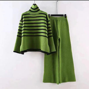 Large size loose versatile turtleneck knitted sweater for women + high waist drape straight casual knitted wide - leg pants two - piece set - Negative Apparel