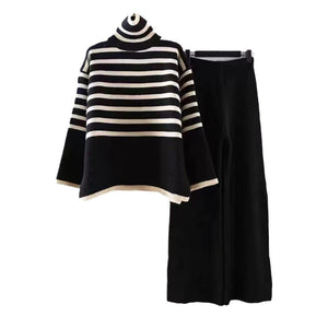 Large size loose versatile turtleneck knitted sweater for women + high waist drape straight casual knitted wide - leg pants two - piece set - Negative Apparel